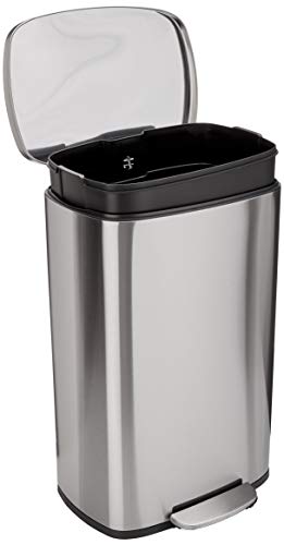 Amazon Basics Smudge Resistant Rectangular Trash Can with Soft-Close Lid, Foot Pedal, Removable Inner Bucket, 50 Liter/13.2 Gallon, Brushed Stainless Steel, Satin Nickel Finish
