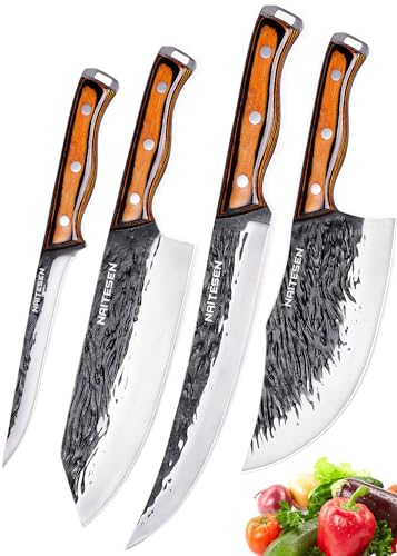 Naitesen 4PCS Hand Forged Butcher Knife and Kitchen Knife 2 in 1 Set