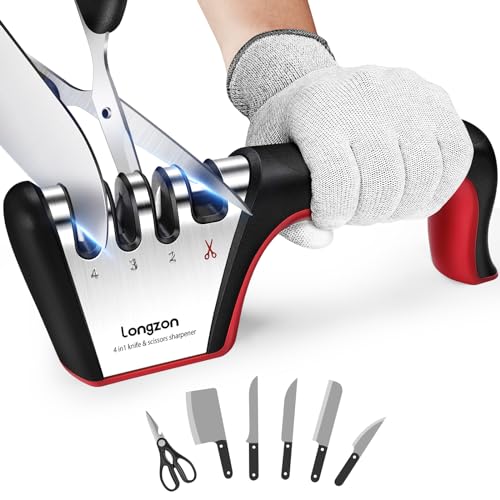 Longzon 4-in-1 Knife Sharpener [4 Stage] with a Pair of Cut-Resistant Glove