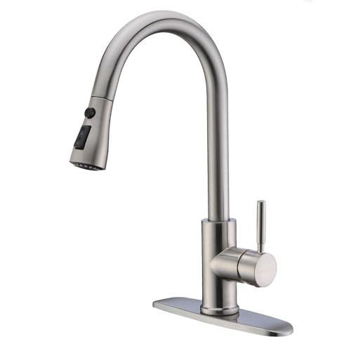 WEWE Single Handle High Arc Brushed Nickel Pull Out Kitchen Faucet