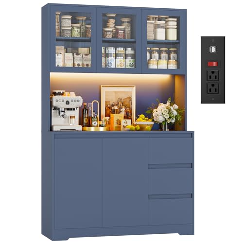 FINETONES 71" Kitchen Pantry Cabinet with LED Lights and Charging Station