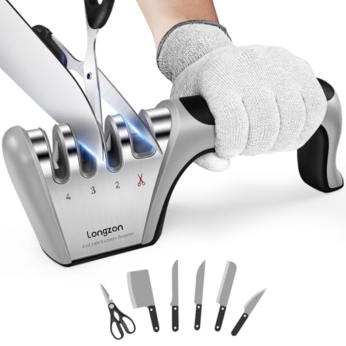 Longzon 4-in-1 Knife Sharpener [4 Stage] with a Pair of Cut-Resistant Glove
