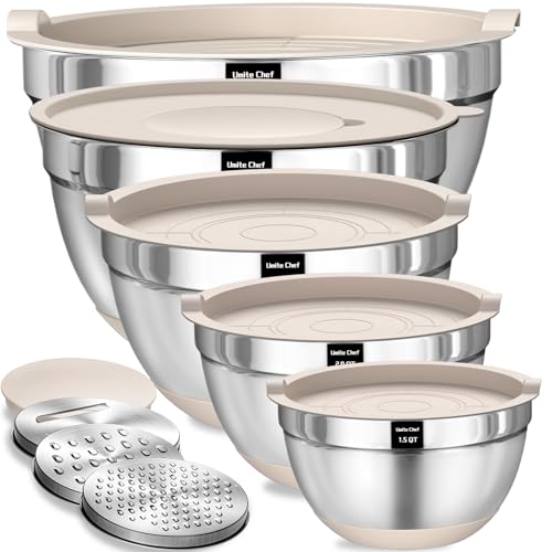Umite Chef Mixing Bowls with Airtight Lids Set, 8PCS Stainless Steel Khaki Nesting Bowls with Grater Attachments
