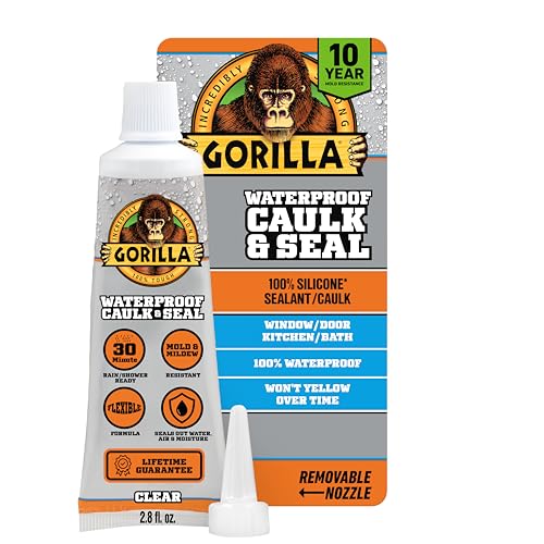 Gorilla 100% Silicone Caulk, Waterproof Sealant, 2.8oz Squeeze Tube (Pack of 1) – Clear