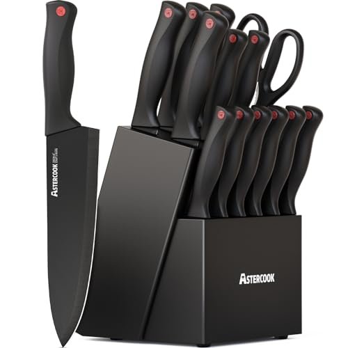 Knife Set, Astercook 15 Pieces Knife Sets for Kitchen with Block