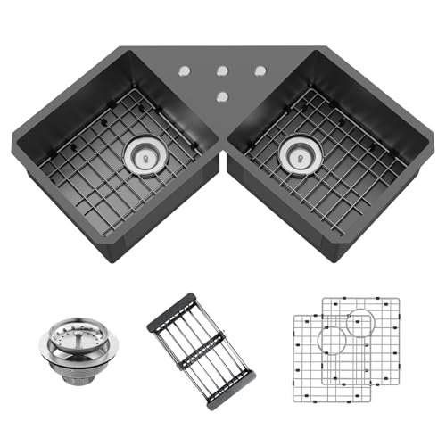 32.5Inch Black Corner Kitchen Sink - Double Bowl Stainless Steel Drop In