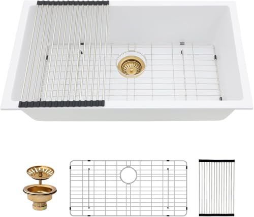 33"x19" Granite Composite Kitchen Sink - Couoko White Quartz Undermount Kitchen Sinks Classic Under Counter Single Bowl Sinks Basin