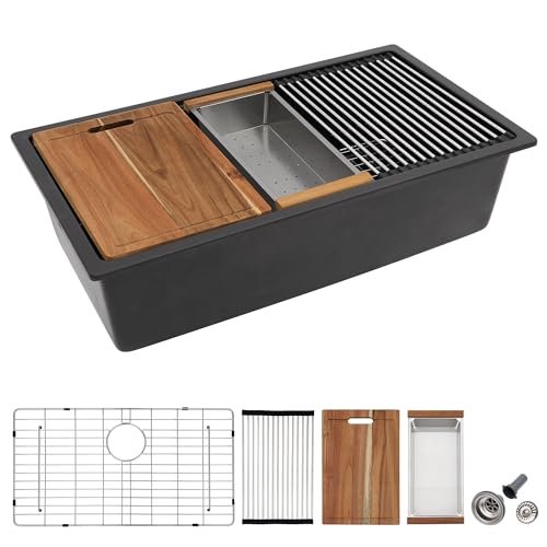 Fulorni 33"x19" Granite Composite Kitchen Sink - Undermount Ledge Workstation Matte Black Granite Quartz Classic Under Counter Single Bowl Sink Basin