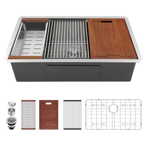 Lordear 33 Undermount Kitchen Sink 33" x 19" Stainless Steel Sinks 16 Gauge Single Bowl Ledge Workstation Handmade Under Counter Kitchen Sink Basin with Built-In Accessories