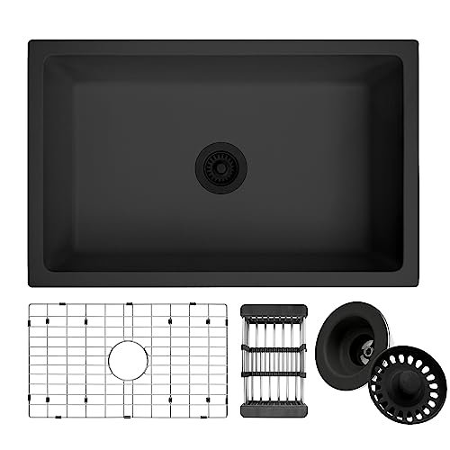 MONSINTA Black Kitchen Sink, Matte Black Granite Composite Kitchen Sinks with Accessories, 30 Inch Undermount Quartz Stone Kitchen Sinks