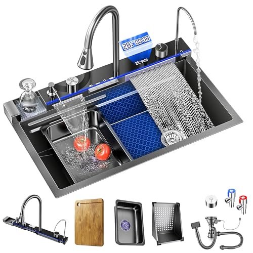 Smart Waterfall Kitchen Sink, 31.5 * 17.7 Inch Drop In Stainless Steel Sink with Digital Display, Large Single Bowl Workstation with Pull-Out Faucet & Multi-Function Spray