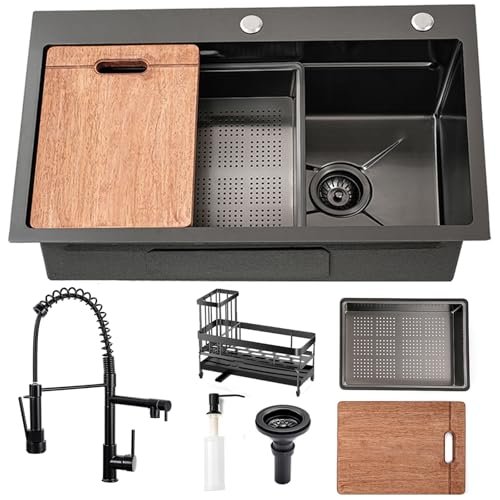 Gunmetal Black Kitchen Sink 30 Inch Modern Stainless Steel Drop in Kitchen Sink Workstation Scratch Resistant Single Bowl Kitchen Sinks Farmhouse Deep with Faucet Combo