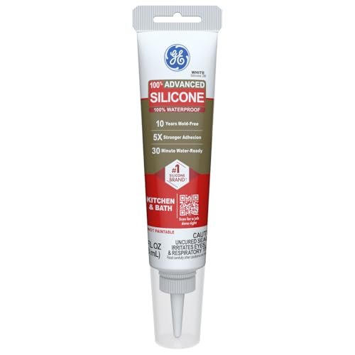 GE Advanced Silicone Caulk for Kitchen & Bathroom, White, 2.8 fl oz Tube