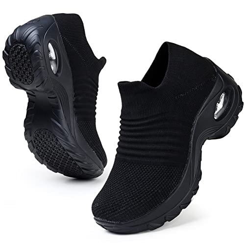 HKR Womens Walking Shoes Slip On Light Weight Mesh Platform Nursing Shoes Cushioned Sneakers All Black US Size 9