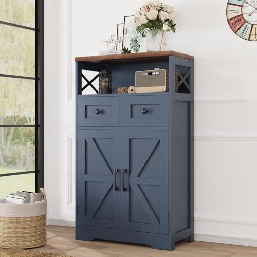 Farmhouse Storage Cabinet with Drawers, Small Kitchen Pantry Cabinet, Blue