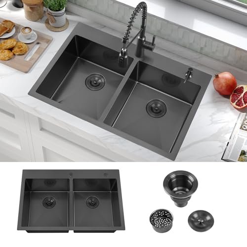 ATTOP 33 Inch Black Drop in Double Bowls Kitchen Sink