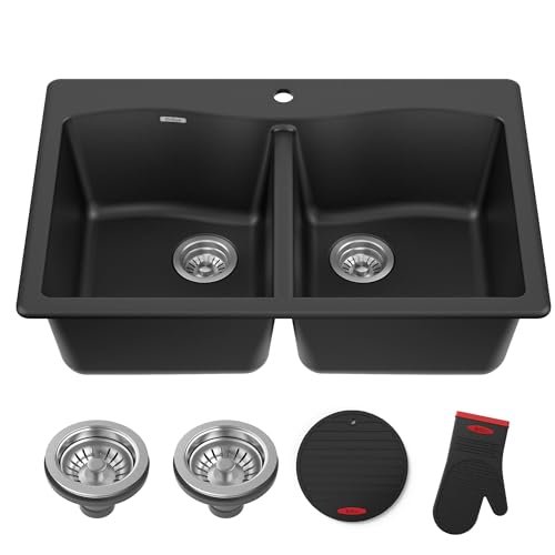 KRAUS Forteza 33-inch Drop in/Undermount 50/50 Double Bowl Granite Kitchen Sink in Black, KGD-52BLACK