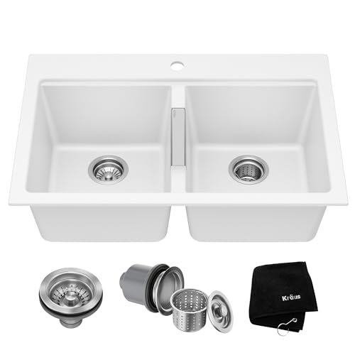 KRAUS Quarza 33-inch Granite Drop-In/Undermount 50/50 Double Bowl White Kitchen Sink