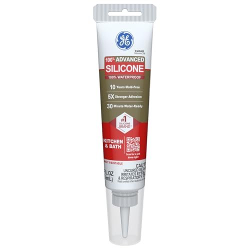 GE Advanced Silicone Caulk for Kitchen & Bathroom, Clear, 2.8 fl oz Tube