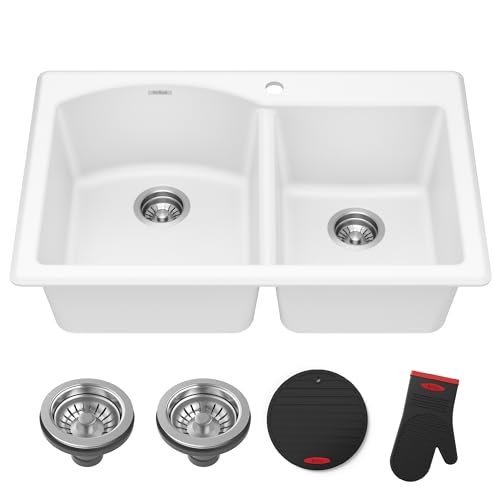 KRAUS White 33 in Double Bowl Granite Kitchen Sink KGD-50WHITE
