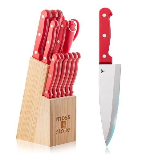 Moss & Stone Red 14 Pcs Kitchen Knife Set with Block, Stainless Steel