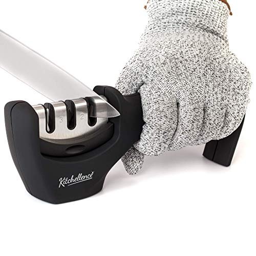 4-in-1 Kitchen Knife Accessories: 3-Stage Knife Sharpener Helps Repair, Restore, Polish Blades and Cut-Resistant Glove