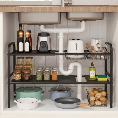 Expandable 2 Tier Under Sink Organizer, Black, 28.74-34.5 Inch Width