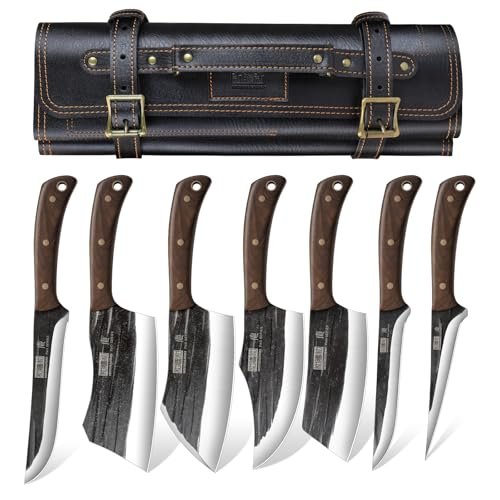 HOSHANHO Butcher Knife Set, Sharp Kitchen Knife Set & Roll Bag Gift for Men